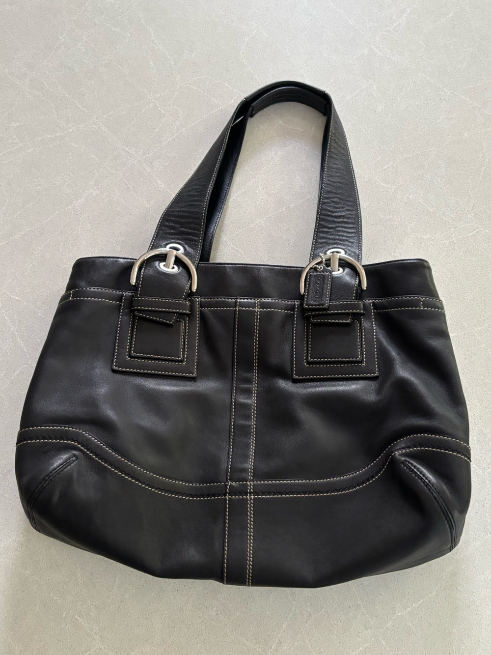 Coach Vintage Y2K Soho Black Leather Buckle Satchel Tote White Stitch F10912